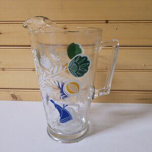 Pitcher Painted Dutch Girl  9' Clear Glass Heavy Water Flower Garden 1950 MCM